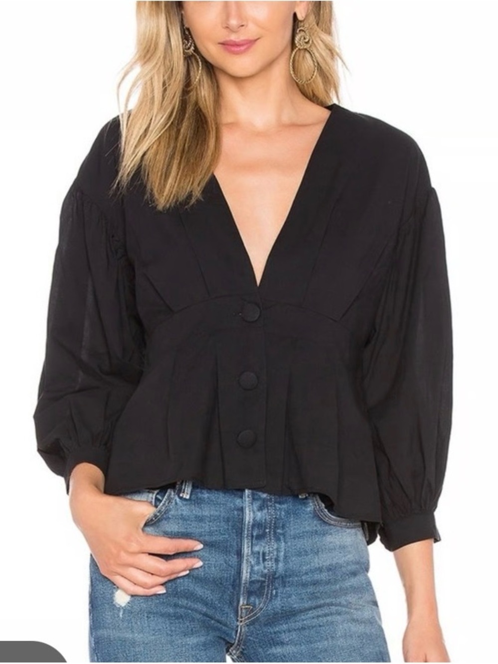 Lovers + Friends Black Cotton Puff Sleeve Button Front Blouse S